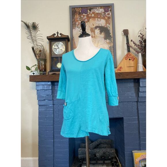 Neon Buddha S Tunic Top 3/4 Sleeve Embellished Button Turquoise Cotton Shirt - Picture 2 of 14